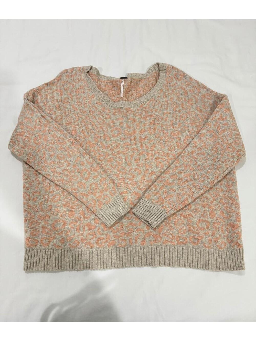 Free People Beige Peach Animal Print Boat Neck Alpaca Blend Sweater- Size Small
